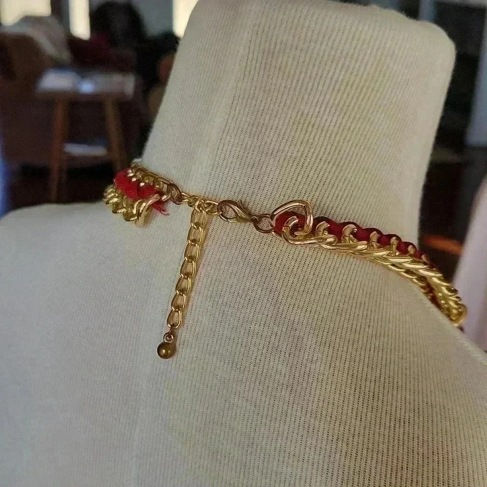 Glass Beaded Faceted Goldtone Choker Bib‎ Red